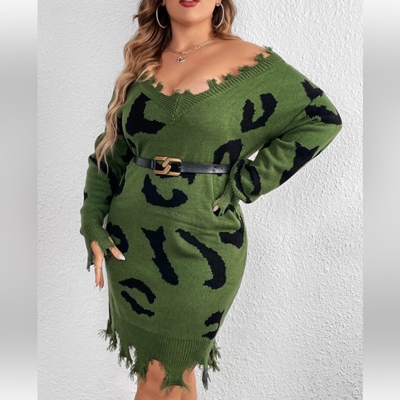 Plus Size V Neck Leopard Pattern Distressed Sweater Dress Without Belt - Picture 11 of 16